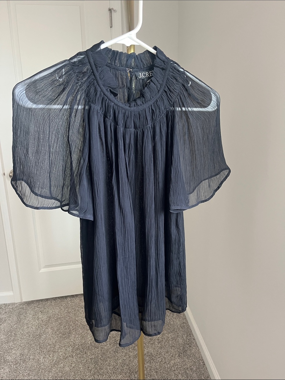 J. Crew Black Sheer Flutter-Sleeve Peasant Blouse